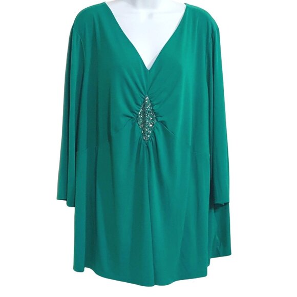 Jaclyn Smith Womens Babydoll Top 3X Green Beaded 3/4 Sleeve Feminine - Picture 1 of 6